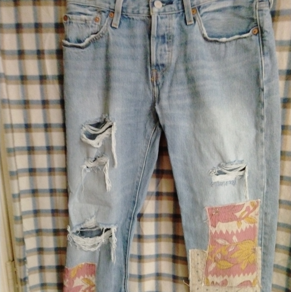 Women's LEVI 501 customized, tapered, distressed denim jeans  Patches button fly